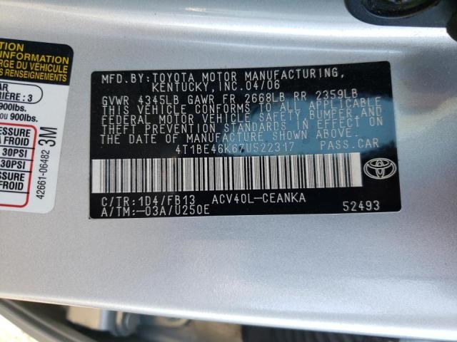 4T1BE46K67U522317 - 2007 TOYOTA CAMRY CE SILVER photo 10