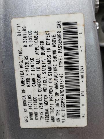 1HGCP2F87BA078145 - 2011 HONDA ACCORD EXL SILVER photo 10