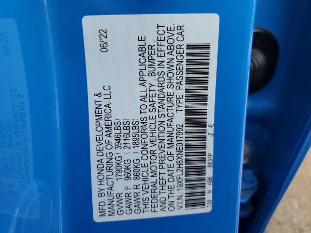 19XFL2H8XNE017992 - 2022 HONDA CIVIC SPOR BLUE photo 10