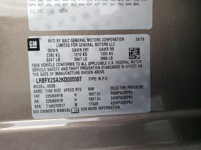 LRBFX2SA2KD005587 - 2019 BUICK ENVISION E TAN photo 10