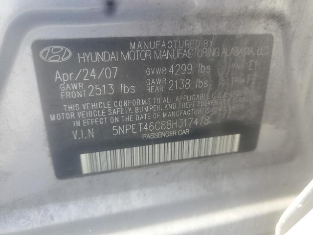 5NPET46C88H317478 - 2008 HYUNDAI SONATA GLS SILVER photo 10