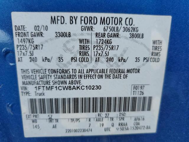 1FTMF1CW8AKC10230 - 2010 FORD F150 BLUE photo 10