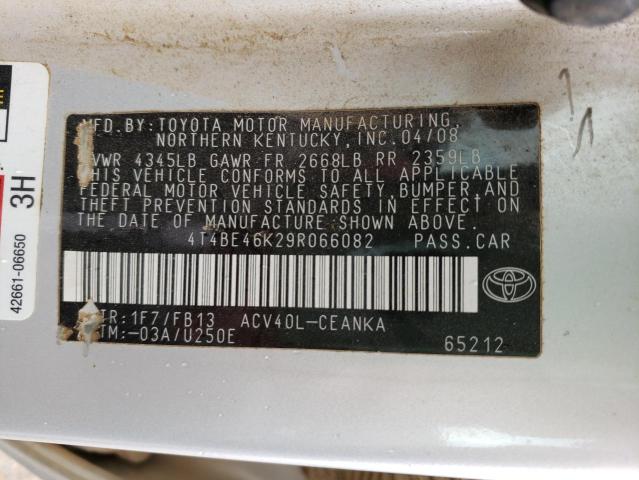 4T4BE46K29R066082 - 2009 TOYOTA CAMRY BASE SILVER photo 10