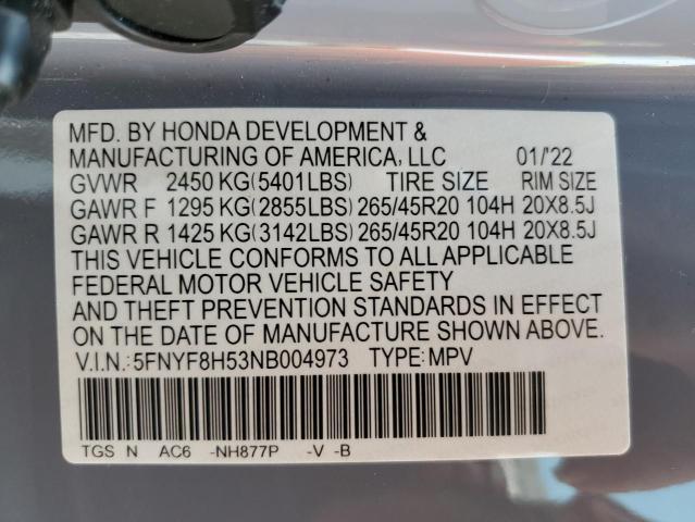 5FNYF8H53NB004973 - 2022 HONDA PASSPORT E 蓝色 照片 10