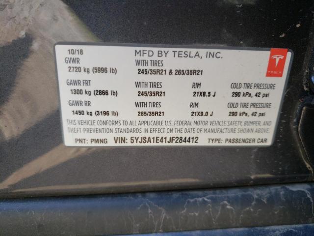 5YJSA1E41JF284412 - 2018 TESLA MODEL S Մոխրագույն լուսանկար 10