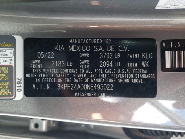 3KPF24AD0NE495022 - 2022 KIA FORTE FE SILVER photo 10