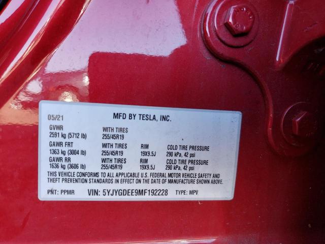 5YJYGDEE9MF192228 - 2021 TESLA MODEL Y RED photo 10