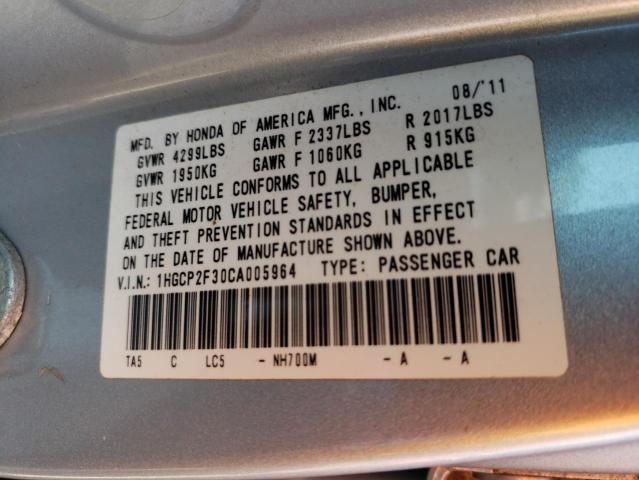 1HGCP2F30CA005964 - 2012 HONDA ACCORD LX SILVER photo 10