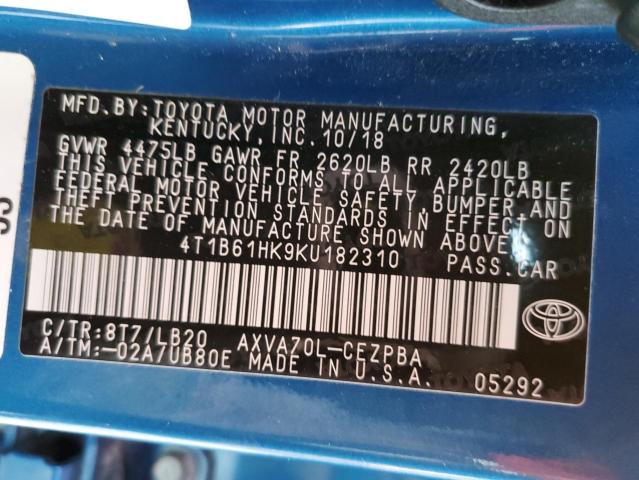 4T1B61HK9KU182310 - 2019 TOYOTA CAMRY XSE BLUE photo 10