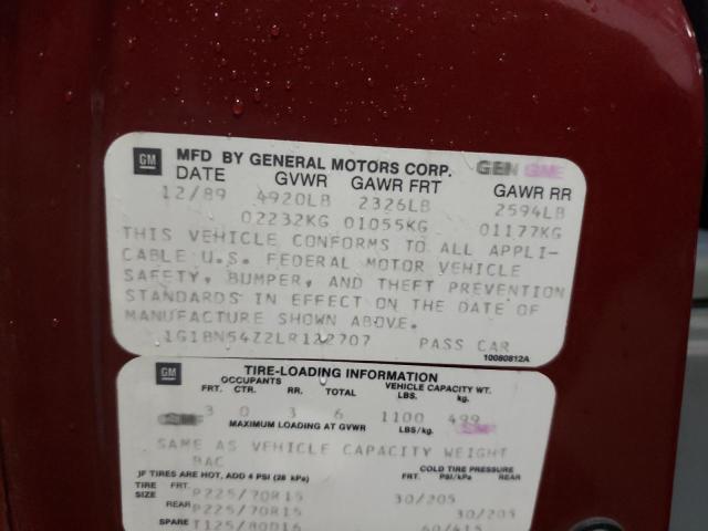 1G1BN54Z2LR122707 - 1990 CHEVROLET CAPRICE CL ბურგუნდია ფოტო 10