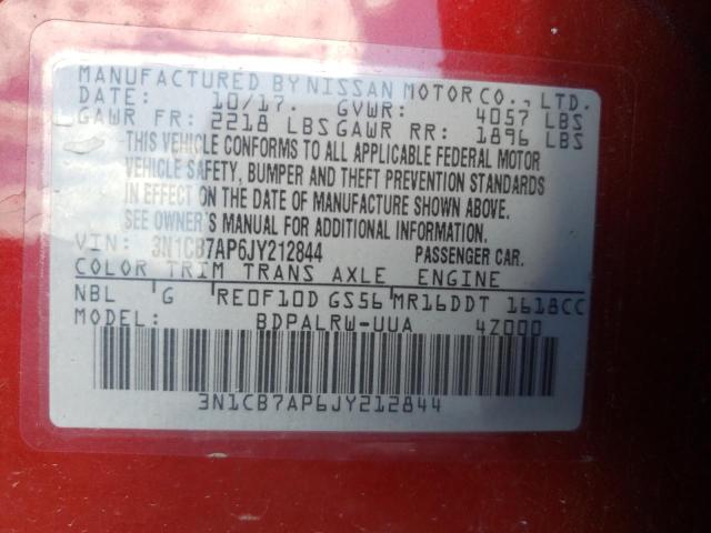 3N1CB7AP6JY212844 - 2018 NISSAN SENTRA SR RED photo 10