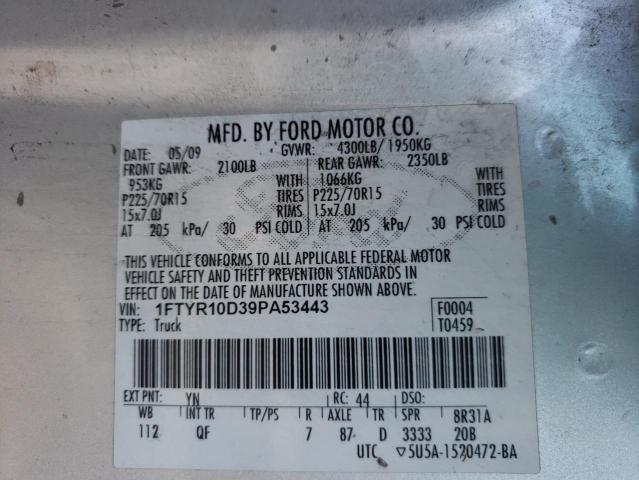 1FTYR10D39PA53443 - 2009 FORD RANGER WHITE photo 10