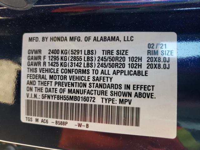 5FNYF8H55MB016072 - 2021 HONDA PASSPORT E 蓝色 照片 10