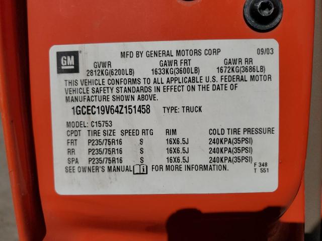 1GCEC19V64Z151458 - 2004 CHEVROLET SILVRDO LT ORANGE photo 10