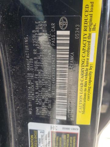 4T1BE46KX9U401471 - 2009 TOYOTA CAMRY BASE BLACK photo 10