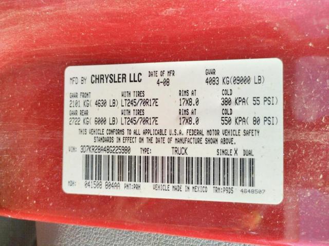 3D7KR28A48G225980 - 2008 DODGE RAM 2500 S Կարմիր լուսանկար 10