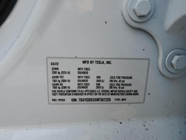 7SAYGDEEXNF387226 - 2022 TESLA MODEL Y أبيض صورة 10