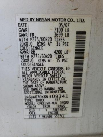 1N6BA07DX8N309341 - 2008 NISSAN TITAN WHITE photo 10