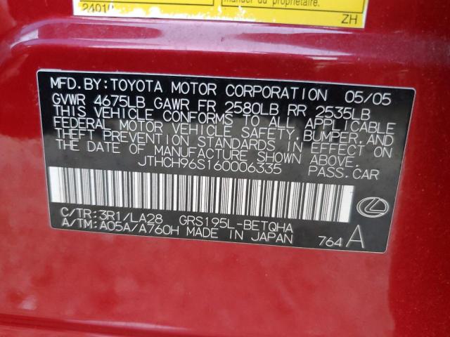 JTHCH96S160006335 - 2006 LEXUS GS 300 RED photo 10