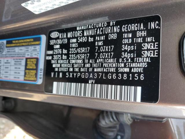 5XYPGDA37LG638156 - 2020 KIA SORENTO L BROWN photo 10