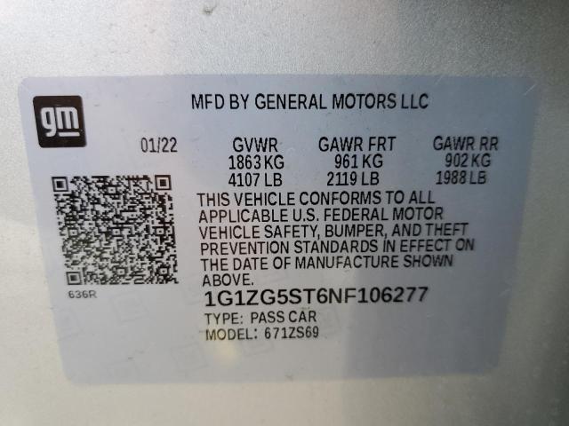 1G1ZG5ST6NF106277 - 2022 CHEVROLET MALIBU RS SILVER photo 10