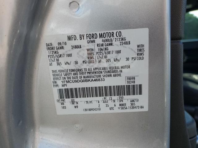 1FMCU9DG0BKA46833 - 2011 FORD ESCAPE SILVER photo 10