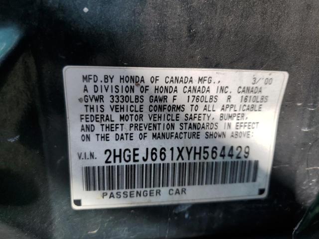 2HGEJ661XYH564429 - 2000 HONDA CIVIC BASE GREEN photo 10