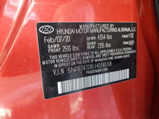 5NPEJ4J28LH034558 - 2020 HYUNDAI SONATA SEL RED photo 10