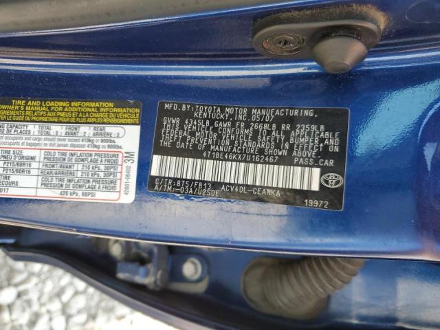 4T1BE46KX7U162467 - 2007 TOYOTA CAMRY CE BLUE photo 10