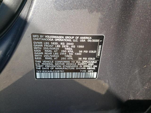 1V21E2CA3LC228761 - 2020 VOLKSWAGEN ATLAS CROS Серый фото 10