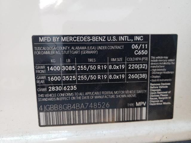 4JGBB8GB4BA748526 - 2011 MERCEDES-BENZ ML 350 4MA WHITE photo 10