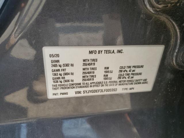 5YJYGDEF3LF005993 - 2020 TESLA MODEL Y Серебристый фото 10