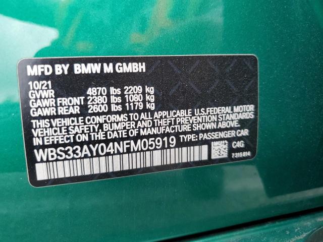 WBS33AY04NFM05919 - 2022 BMW M3 COMPETI GREEN photo 10