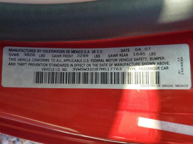 3VWSW31C87M517763 - 2007 VOLKSWAGEN NEW BEETLE 红色 照片 10