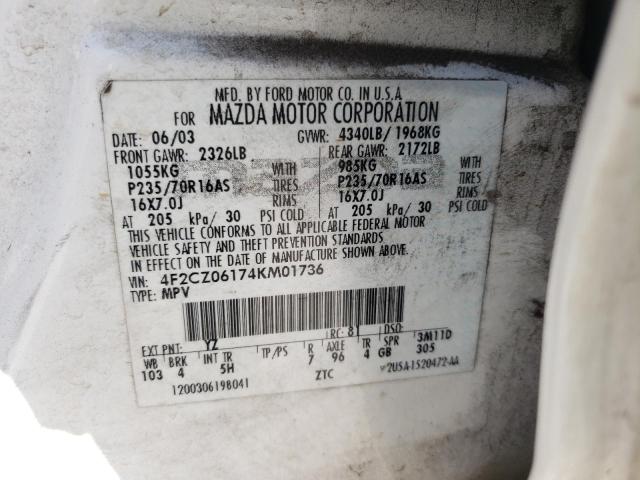 4F2CZ06174KM01736 - 2004 MAZDA TRIBUTE ES თეთრი ფოტო 10