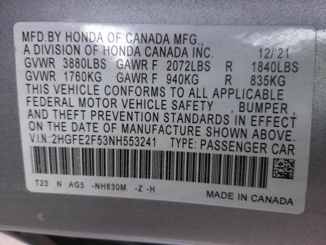 2HGFE2F53NH553241 - 2022 HONDA CIVIC SPOR SILVER photo 10