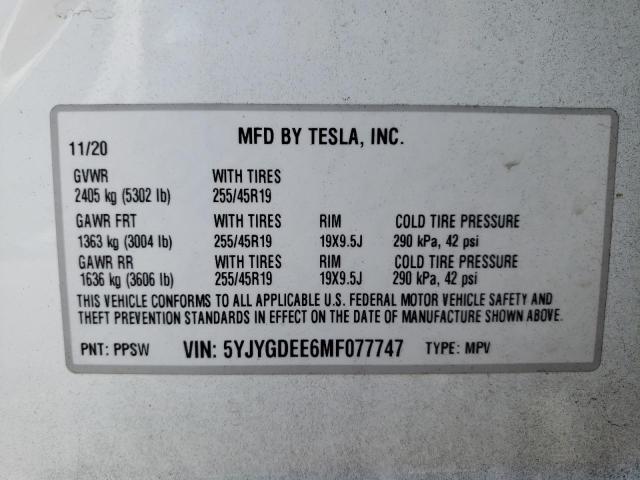 5YJYGDEE6MF077747 - 2021 TESLA MODEL Y Blanc photo 10