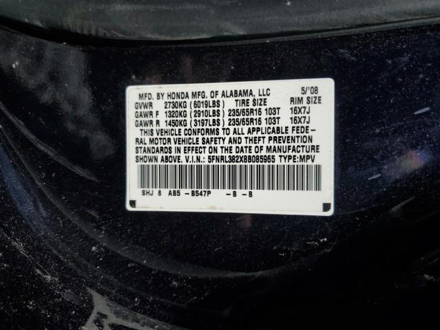 5FNRL382X8B085965 - 2008 HONDA ODYSSEY LX BLUE photo 10