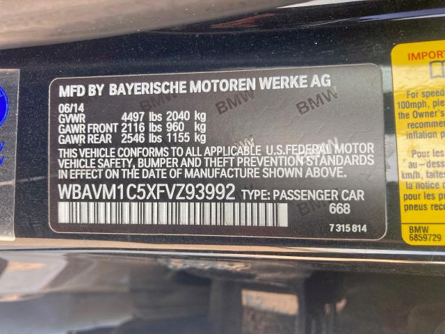 WBAVM1C5XFVZ93992 - 2015 BMW X1 SDRIVE2 BLACK photo 10