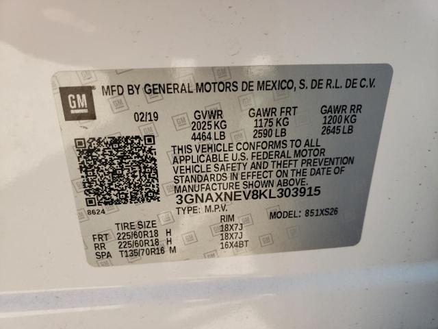 3GNAXNEV8KL303915 - 2019 CHEVROLET EQUINOX PR WHITE photo 10