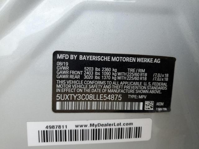 5UXTY3C08LLE54875 - 2020 BMW X3 SDRIVE3 SILVER photo 10