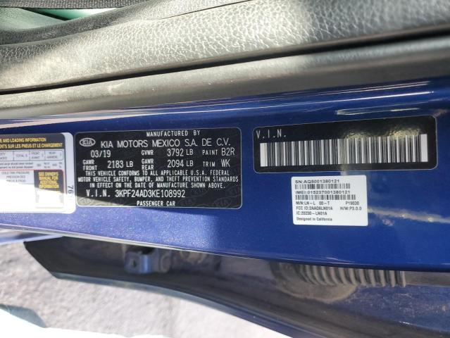 3KPF24AD3KE108992 - 2019 KIA FORTE FE BLUE photo 10