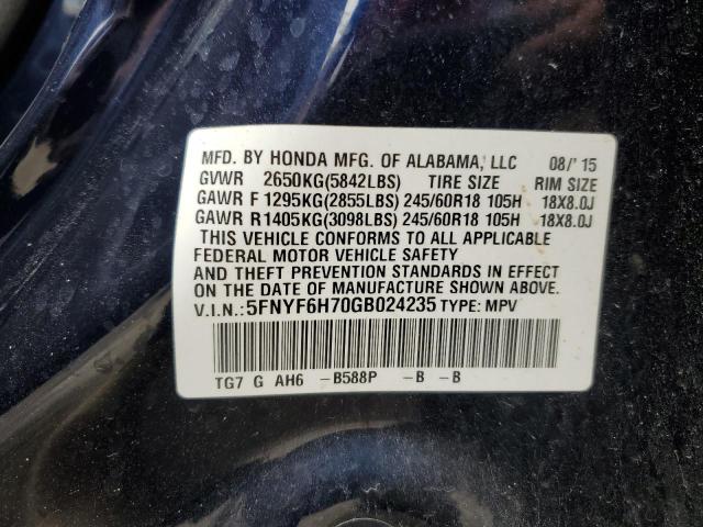 5FNYF6H70GB024235 - 2016 HONDA PILOT EXLN BLUE photo 10