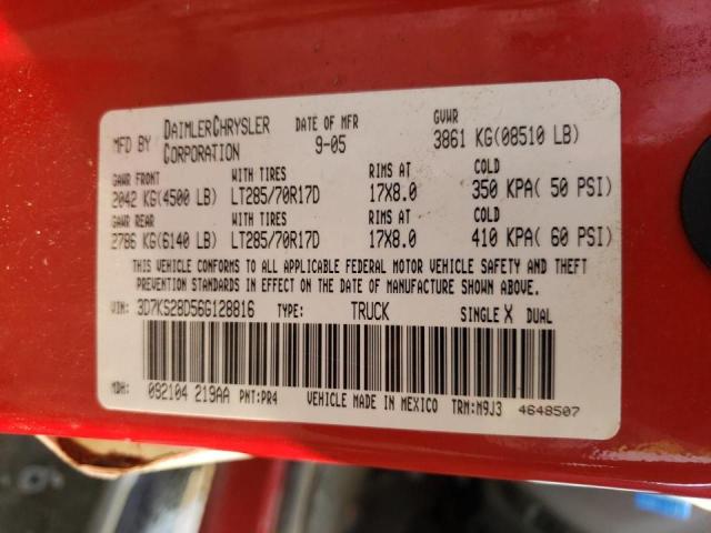 3D7KS28D56G128816 - 2006 DODGE RAM 2500 S Կարմիր լուսանկար 10