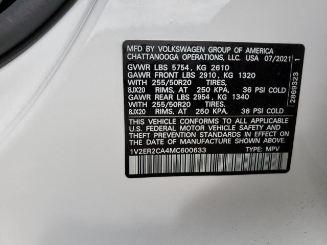 1V2ER2CA4MC600633 - 2021 VOLKSWAGEN ATLAS SEL WHITE photo 10