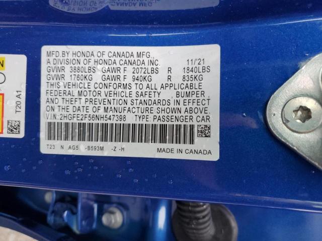 2HGFE2F56NH547398 - 2022 HONDA CIVIC SPOR BLUE photo 10