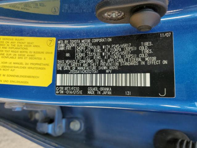 JTEDS41A282027061 - 2008 TOYOTA HIGHLANDER BLUE photo 10