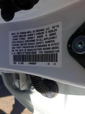 19XFC1F72KE019249 - 2019 HONDA CIVIC EXL 白色 照片 10