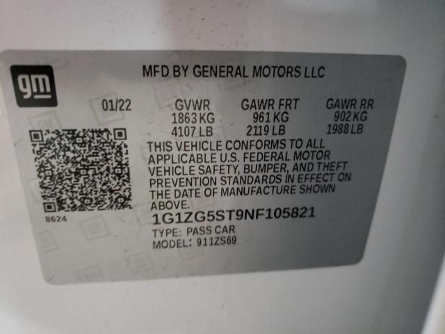 1G1ZG5ST9NF105821 - 2022 CHEVROLET MALIBU RS WHITE photo 10