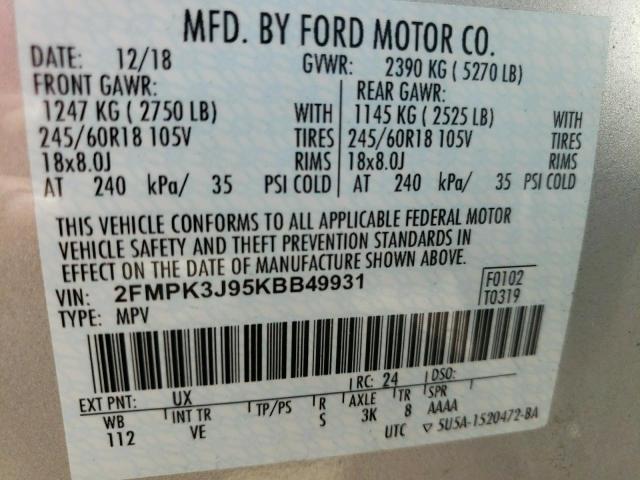 2FMPK3J95KBB49931 - 2019 FORD EDGE SEL 银色 照片 10